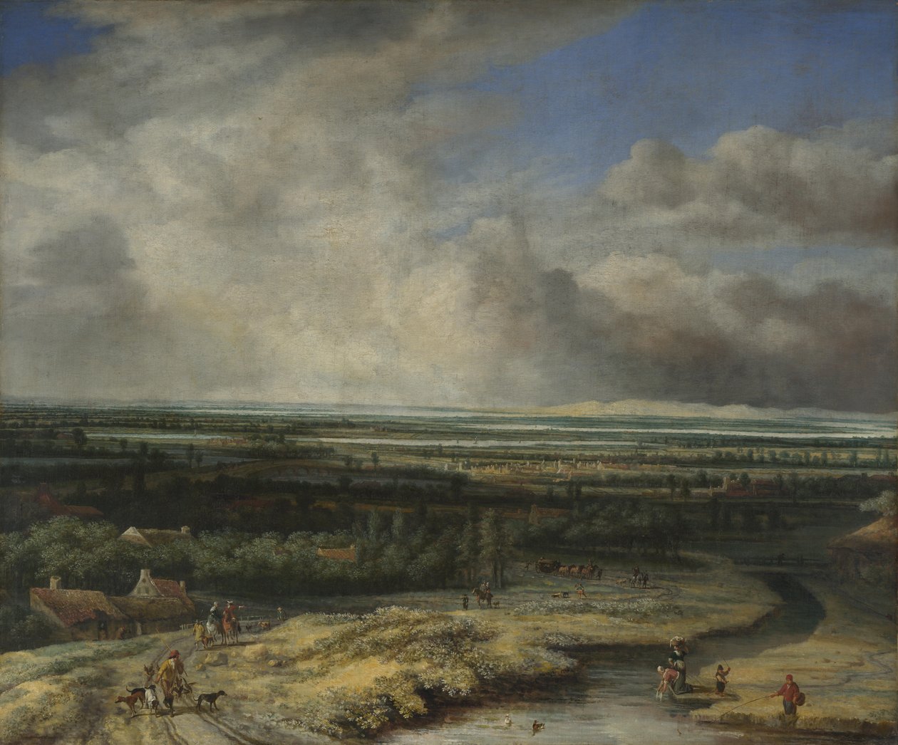 Et omfattende landskap med et Hawking-parti, ca. 1670 av Philips de Koninck