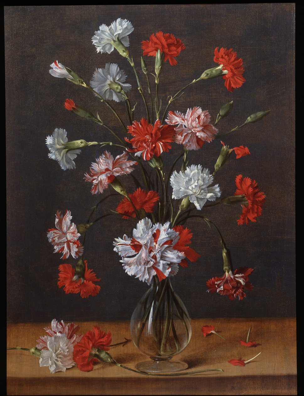 En bukett med nelliker i en glassvase, ca. 1600–1700 (olje på panel) av Phillipe de Marlier