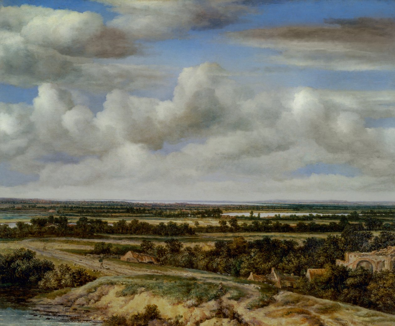 Et omfattende landskap med en vei ved en elv, 1655 av Phillips de Koninck