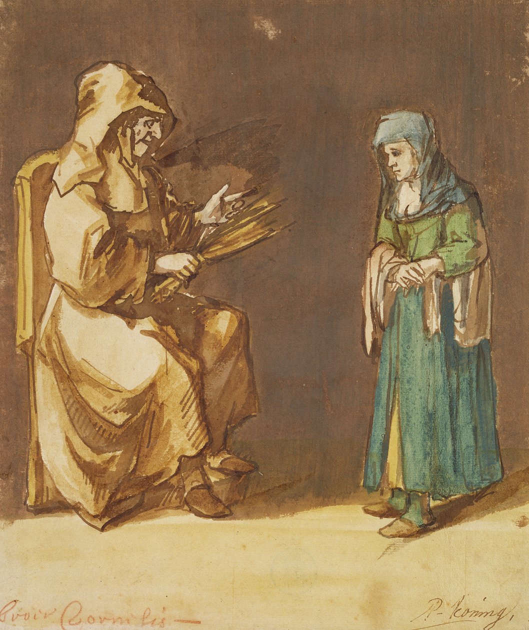Bror Cornelis forkledd som en nonne og en angrende kvinne (penn og pensel og wc på papir) av Phillips de Koninck