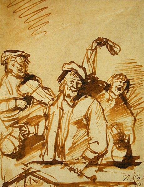 Three Cheerful Young Men, 1660 (penn og brunt blekk på papir) av Phillips de Koninck