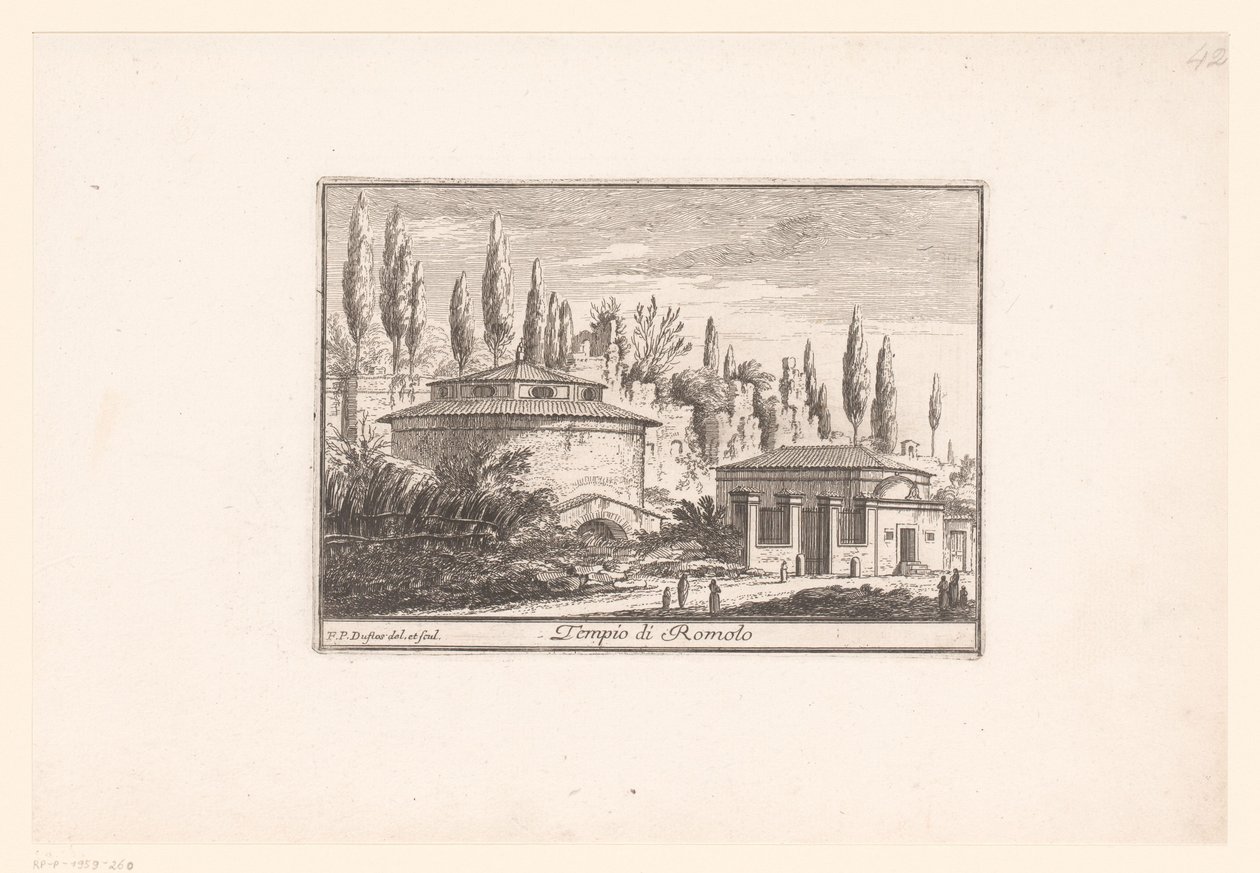 Utsikt over Romulus-tempelet Tempio di Romolo (tittel på objekt) Utsikt over antikkens og moderne Roma (serietittel) Varie Vedute di Roma Antica, e Moderna (serietittel) av Philothée Francois Duflos