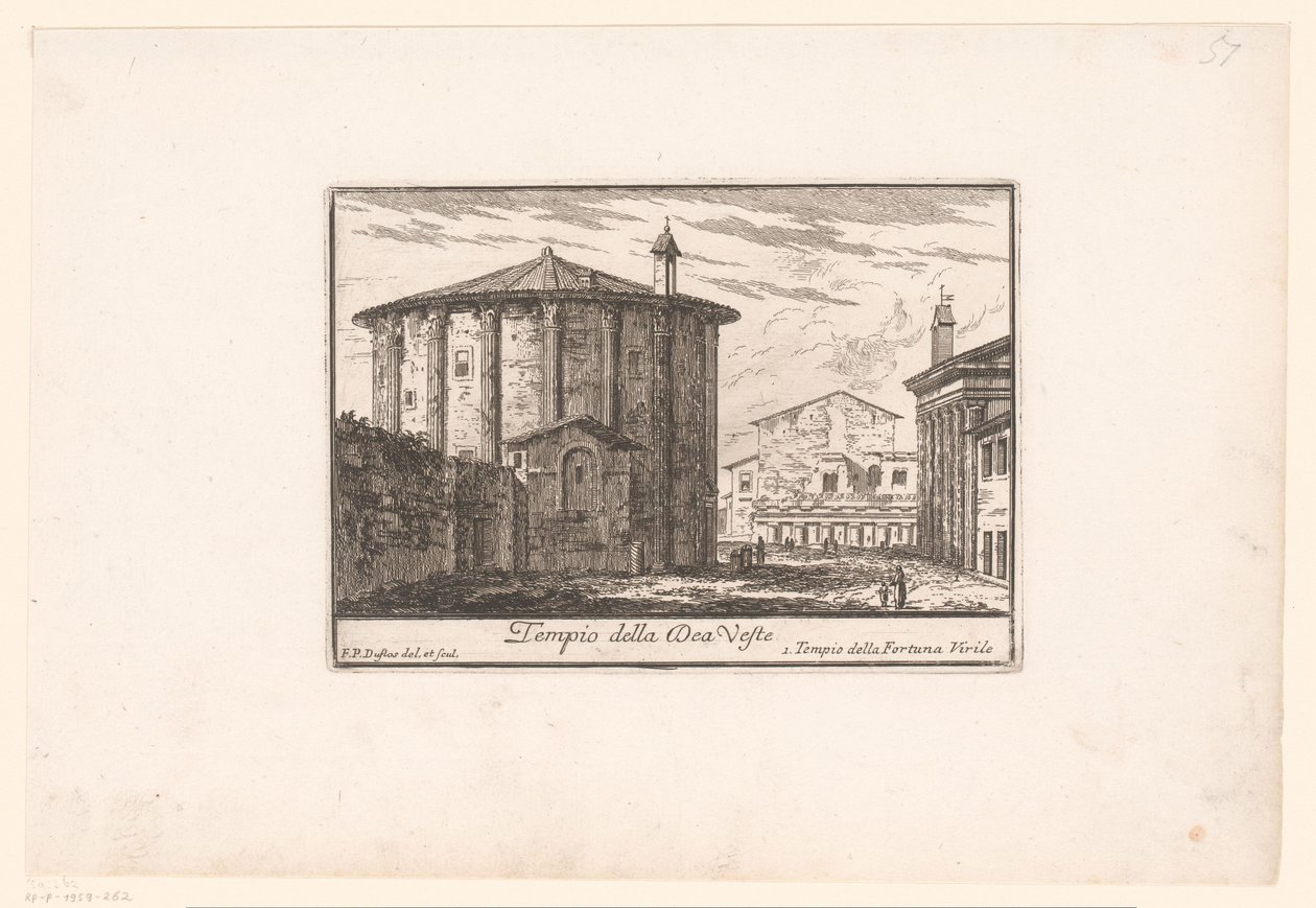 Utsikt over Vesta-tempelet Tempio della Dea Veste (tittel på objekt) Utsikt over antikkens og moderne Roma (serietittel) Varie Vedute di Roma Antica, e Moderna (serietittel) av Philothée Francois Duflos
