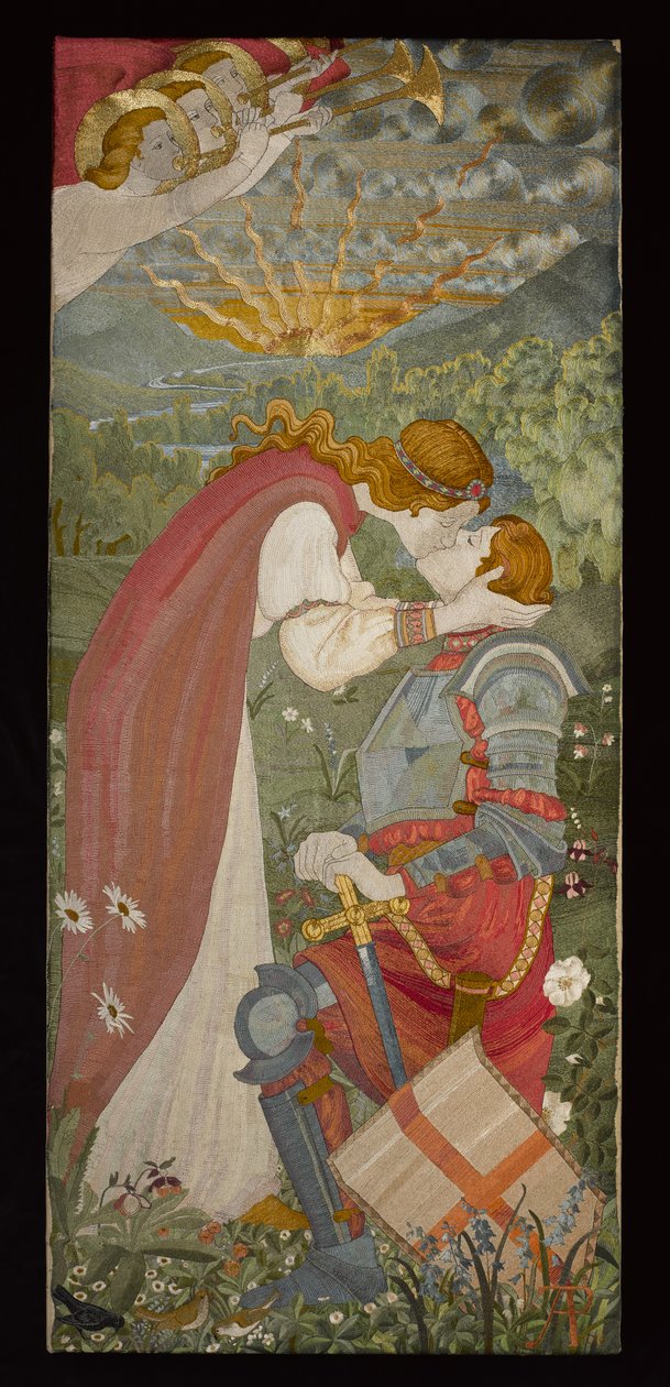 St. George In Armour Being Kissed By Una, 1914 (broderi med silke og gull) av Phoebe Anna Traquair