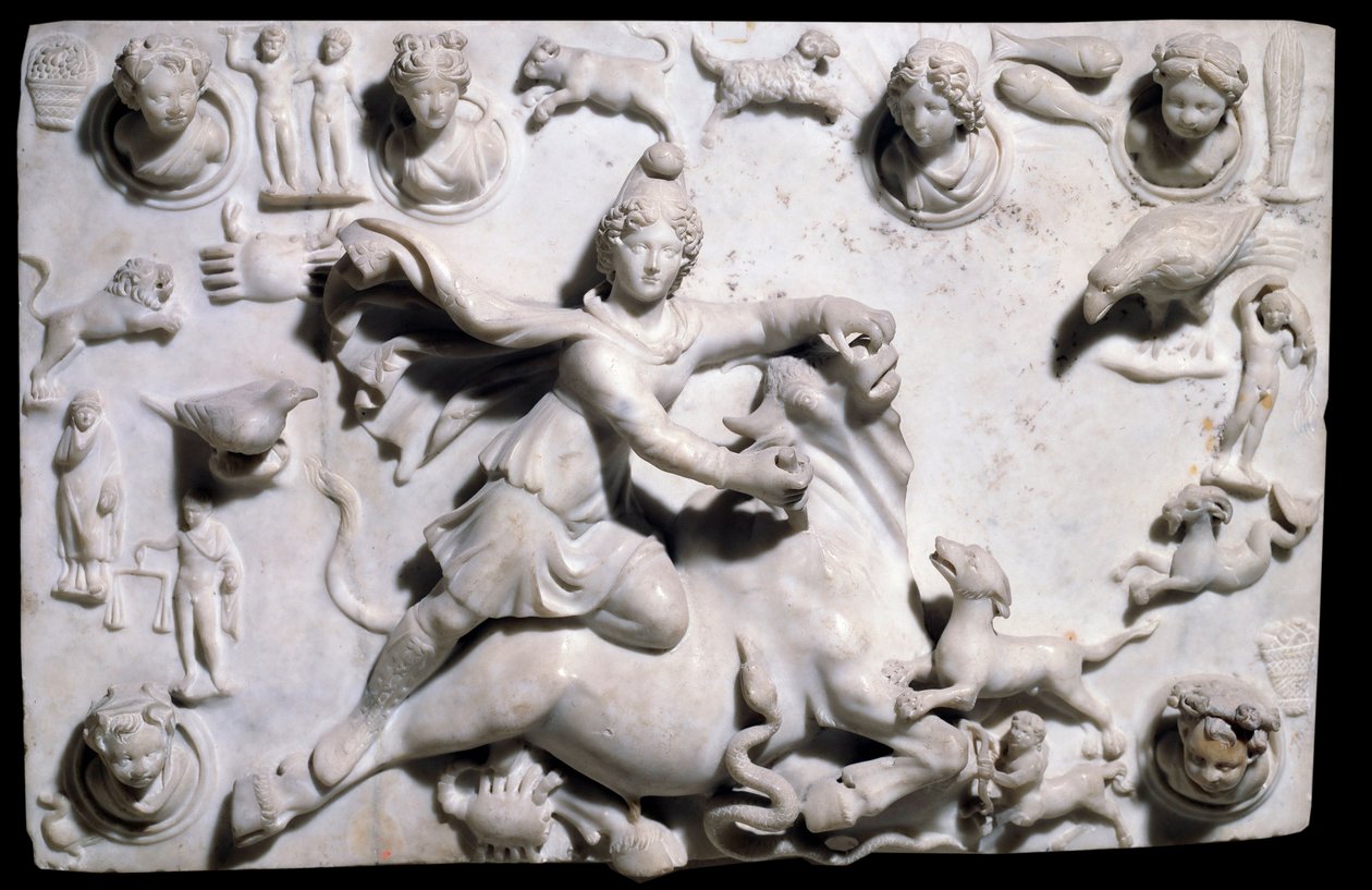 Orientalske antikviteter: Mithra dreper oksen (kommer fra Mithraeum i Sidon). Lavrelieff marmor fra Sayda, 2.-3. århundre (gresk-romersk periode, fønikisk rike). Paris, Louvre-museet av Phoenician Phoenician