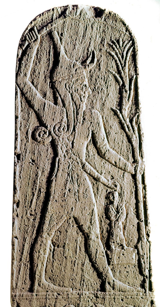 Fønikisk kunst: kalksteinstele av guden Baal i lyn. (Gud kriger beskytter kongen) Skulptur fra det 19. eller 18. århundre f.Kr.,. Fra Ras Shamra (Ugarit eller Ougarit) Dim 142 cm Paris, Musee du Louvre av Phoenician Phoenician