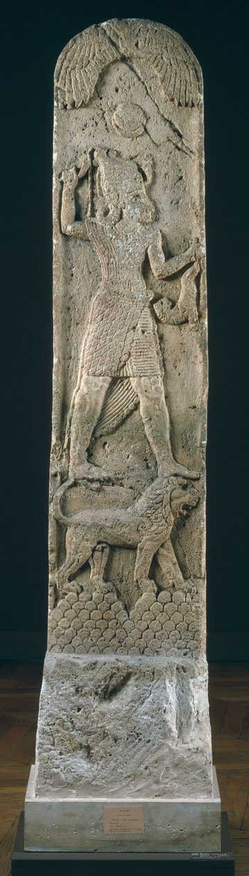 Votiv stela som viser en gud som står på en løve, fra Amrith, ca. 550 f.Kr. (kalkstein) av Phoenician School