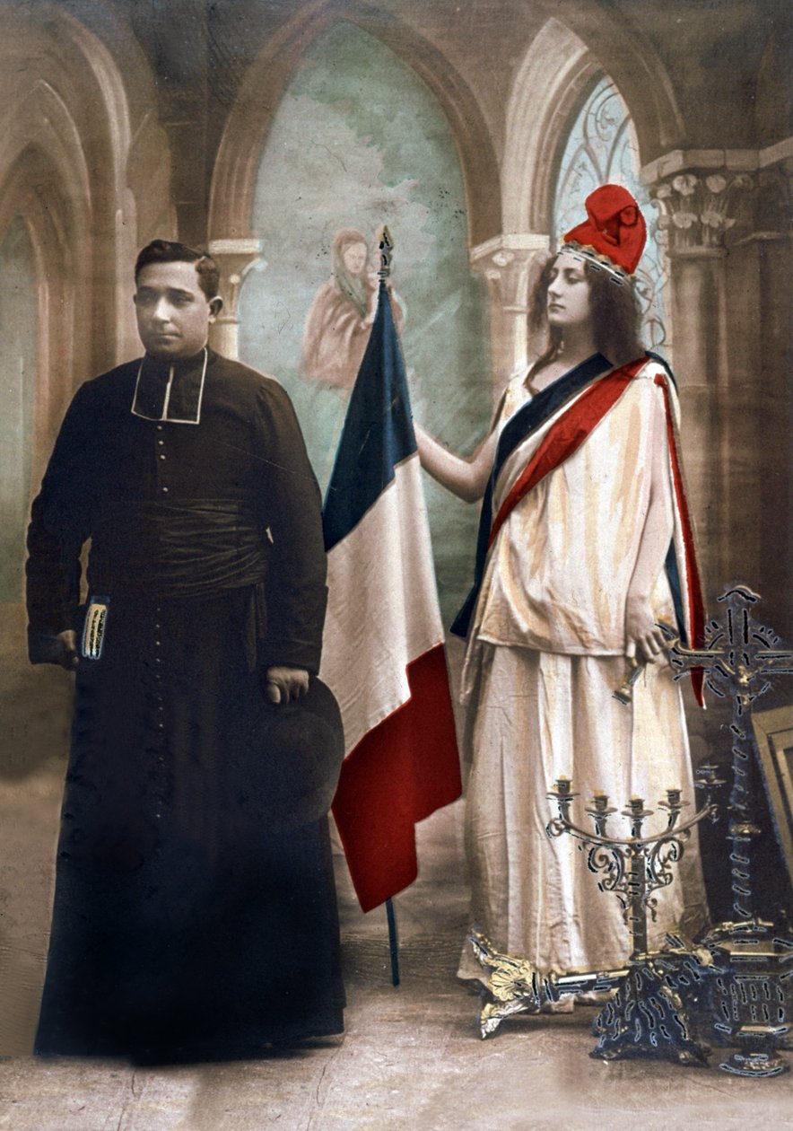 Allegori om skillet mellom kirke og stat i 1905, illustrasjon fra 1907 (farget foto) av Photographer French