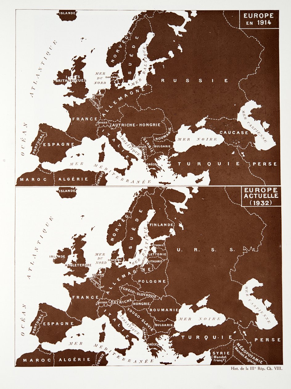 Kart over Europa i 1914, og Europa i 1932, fra Histoire de la Troisieme Republique, Vol. I, Politisk historie, pub.1933 (farge litho) av Photographer French