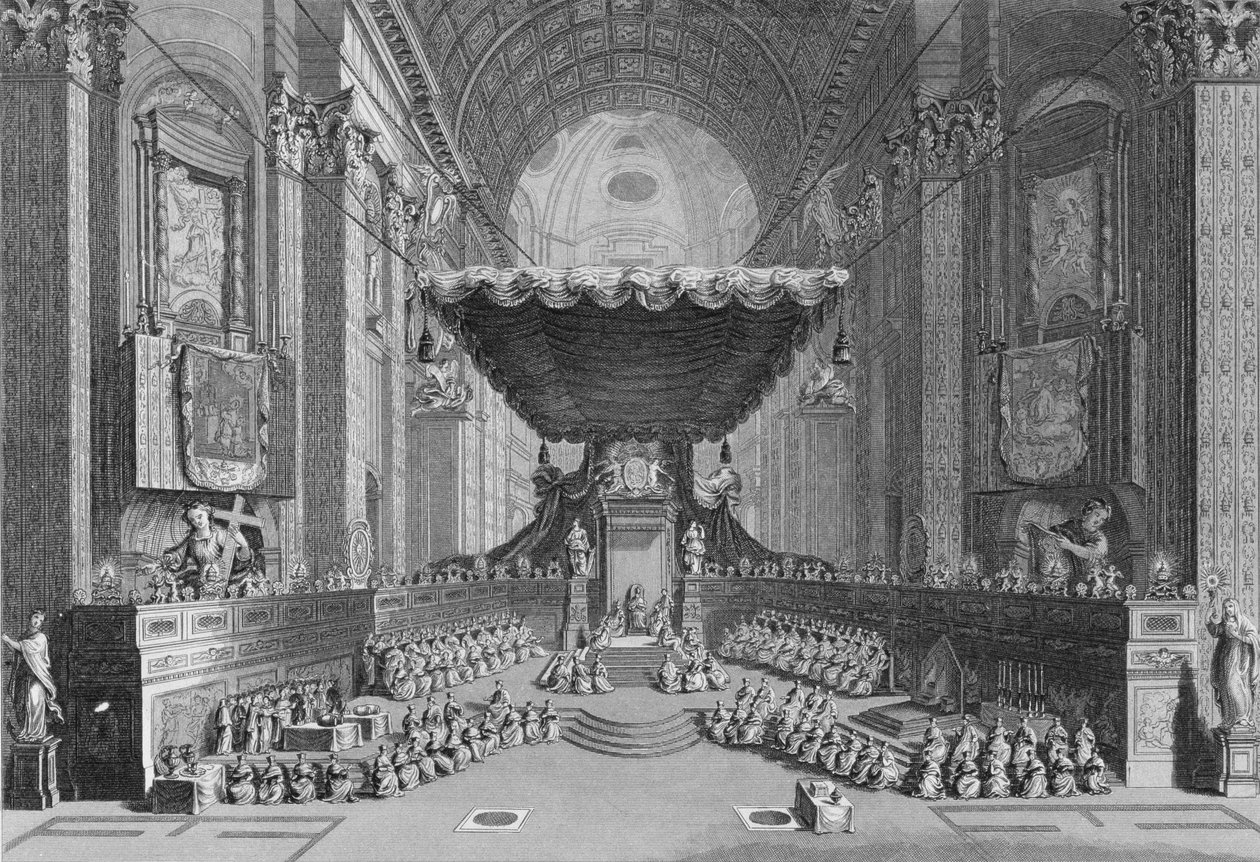 Kanonisering av hellige i St. Peters kirke i Roma, i 1712, gravert av T. Brown, fra 