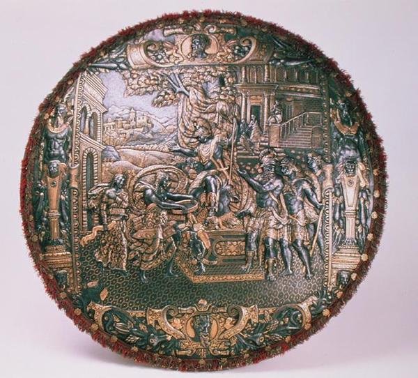 Paradeskjold, 1570-80 (stål med gull- og sølvinnlegg) av Piccinino workshop