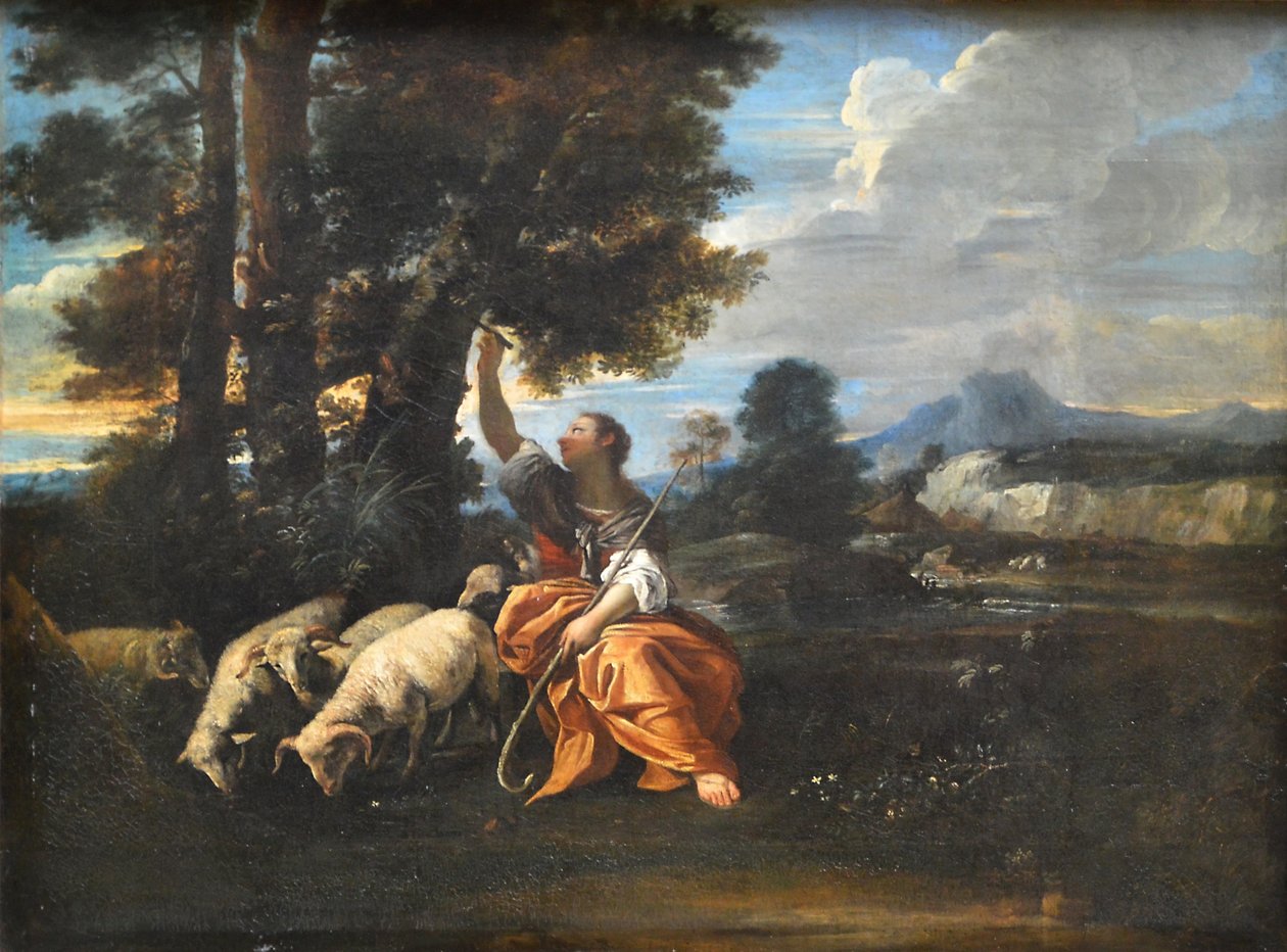 Herminie graverte navnet Tancrède på et tre av Pier Francesco Mola