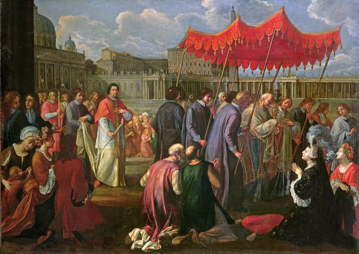 Pave Clemens XI (1649-1721) i en prosesjon på Petersplassen, Roma av Pier Leone Ghezzi