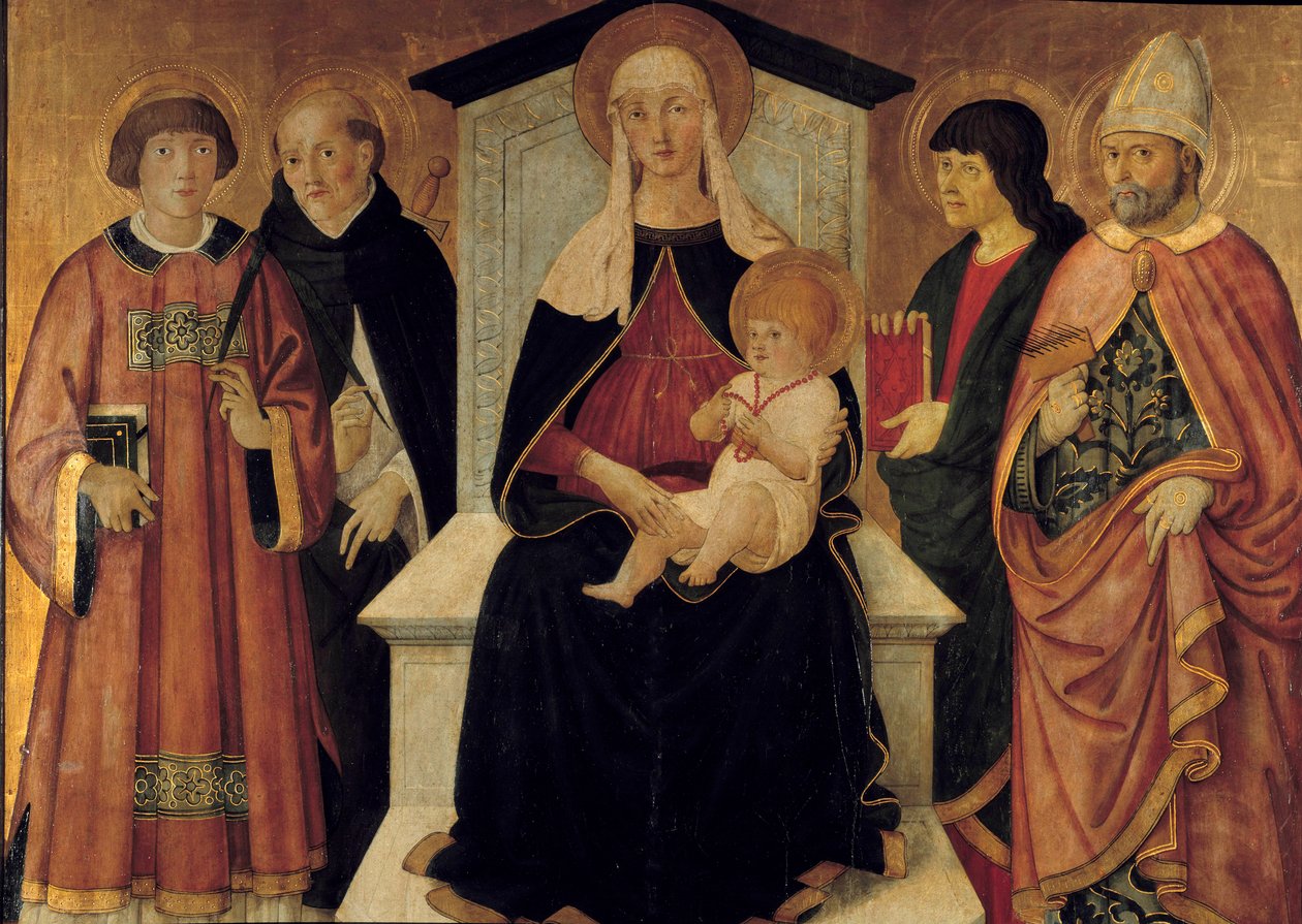 Jomfruen og barnet Jomfruen er omgitt av Saint Laurent-diakonen, Saint Peter, Saint John, Saint Blaise de Sebaste. Altertavle av Pier Francesco Fiorentino (aktiv rundt 1475-1500) 1490. Søn. 132 x 143 m. Avignon, Musee du Petro Palais av Pier Francesco Fiorentino