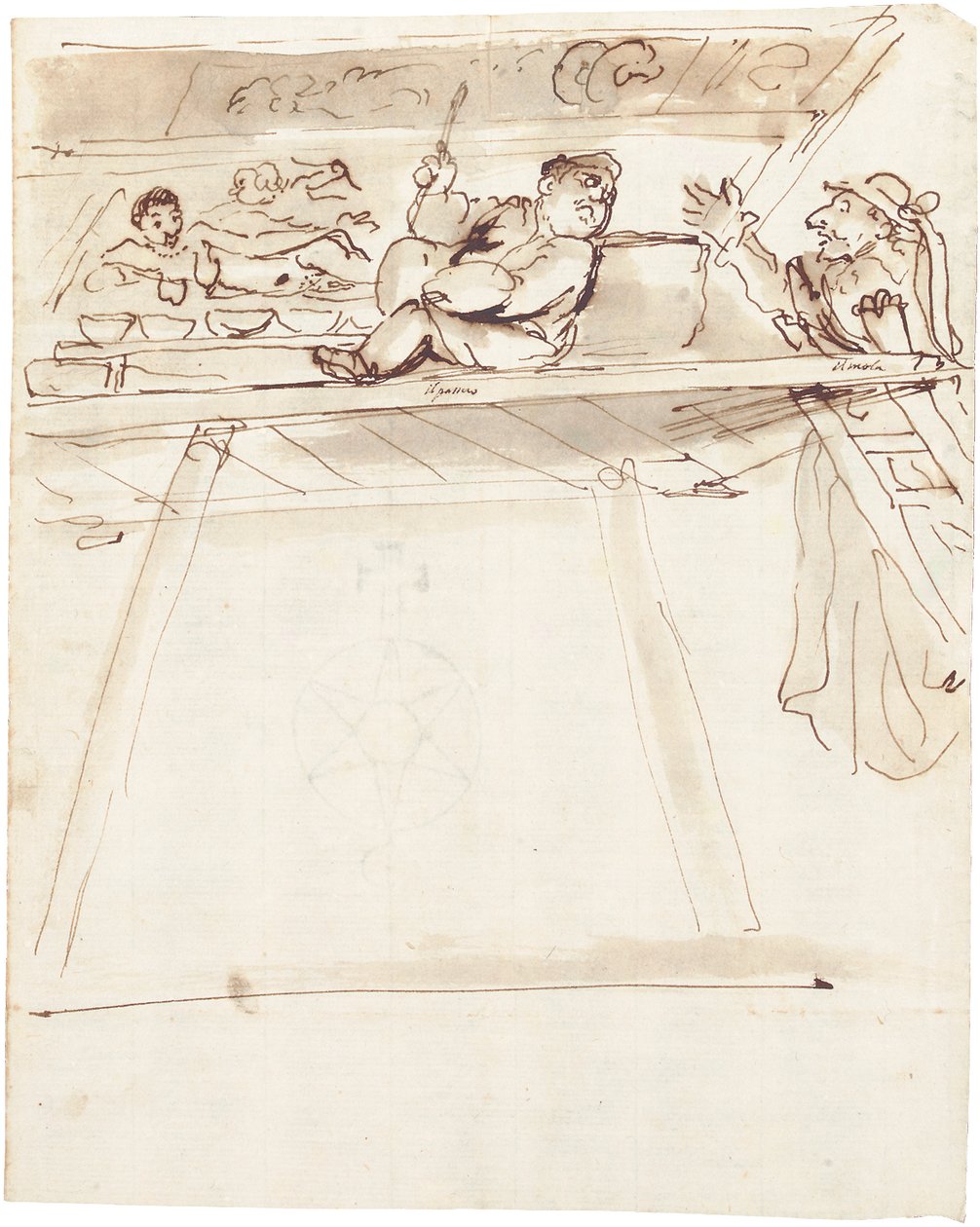 En karikatur av Pier Francesco Mola som avbryter Giovanni Battista Passeri som maler en takdekorasjon av en liggende Venus av Pier Francesco Mola
