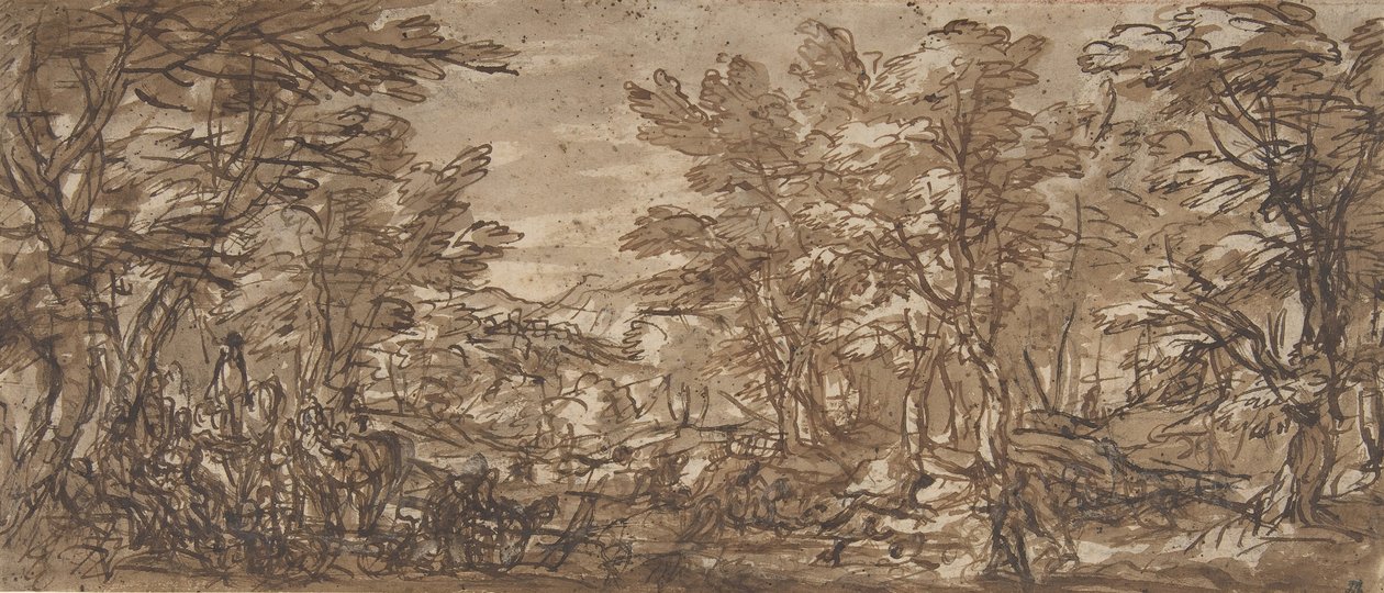 Skogsscene, et stopp til venstre, en jakt i sentrum, 1612-66. av Pier Francesco Mola