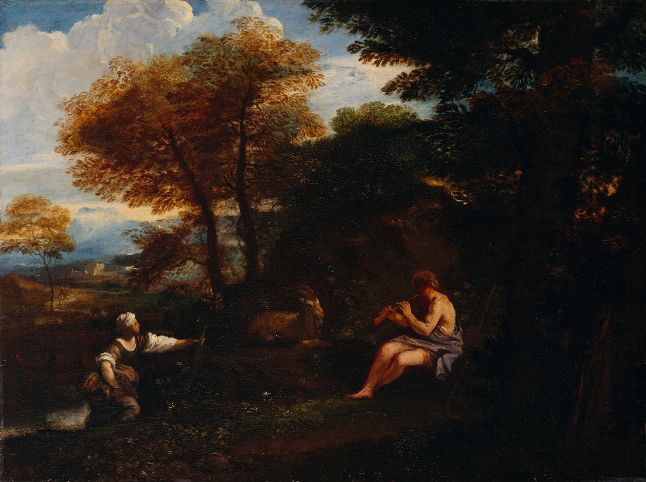 Landskap med en hyrde og gjeterinne (olje på lerret) av Pier Francesco Mola