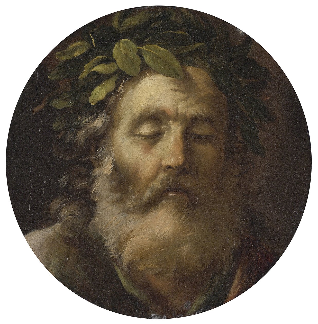 Portrett av poeten Homer par Mola, Pier Francesco (1612-1666). Olje på tre, størrelse : D 38,7, , Privat Samling av Pier Francesco Mola