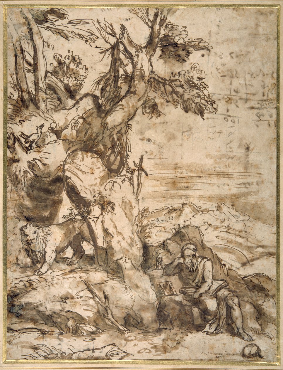 St Hieronymus leser i villmarken, etter Titian (ca. 1488-1576) (rørpenn og brunt blekk med brun vask på kremfarget papir) av Pier Francesco Mola