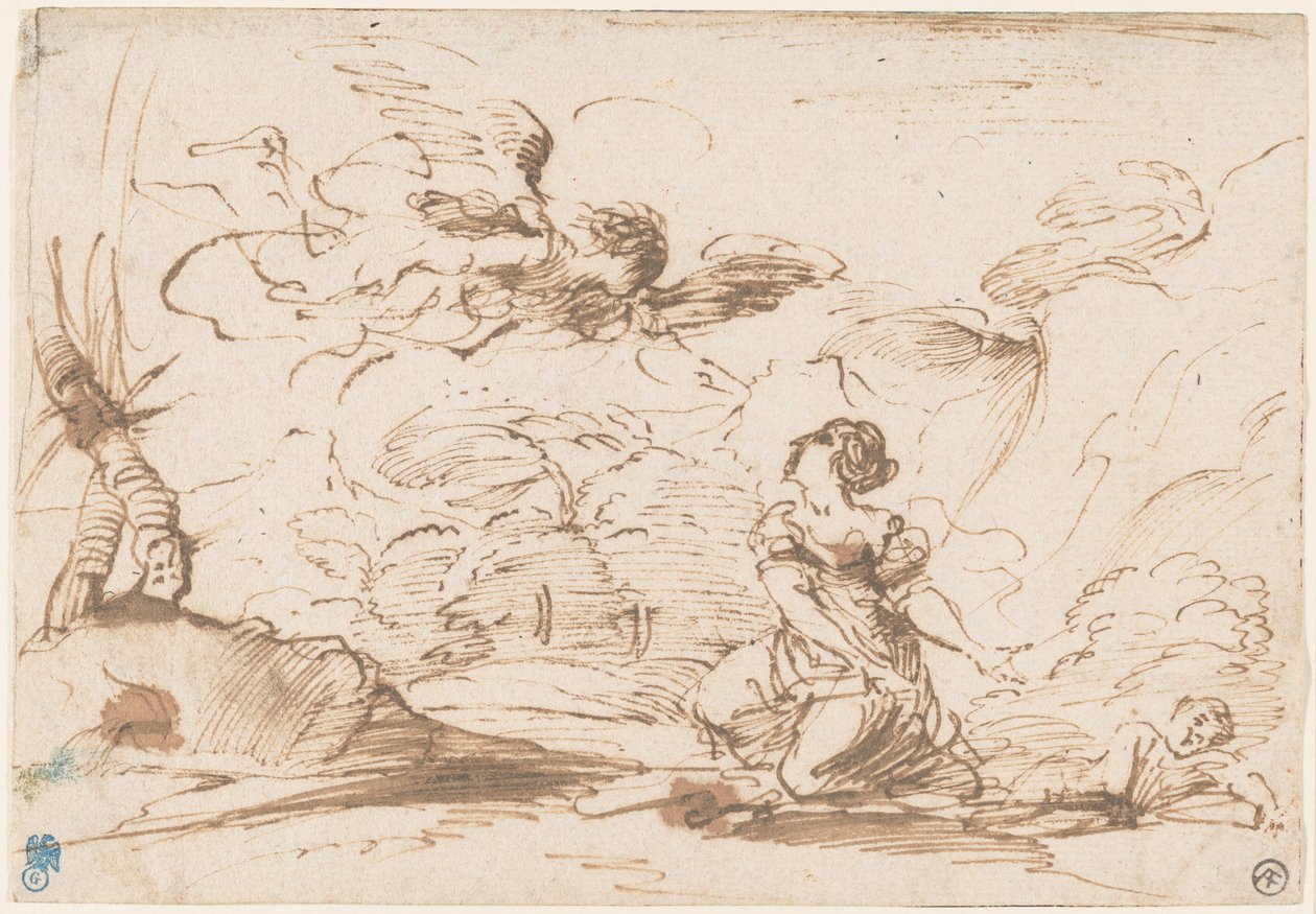 Engelen som viser seg for Hagar og Ismael i ødemarken, ca. 1645 (penn og brunt blekk med brun vask på liggende papir) av Pier Francesco Mola