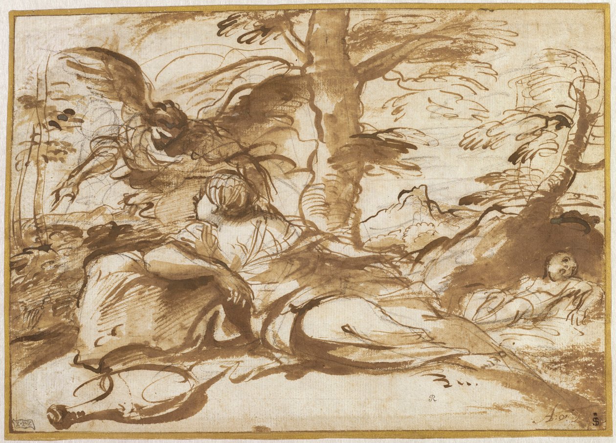 Engelen som viser seg for Hagar i ørkenen (recto), ca. 1660 (blekk og tegning) av Pier Francesco Mola