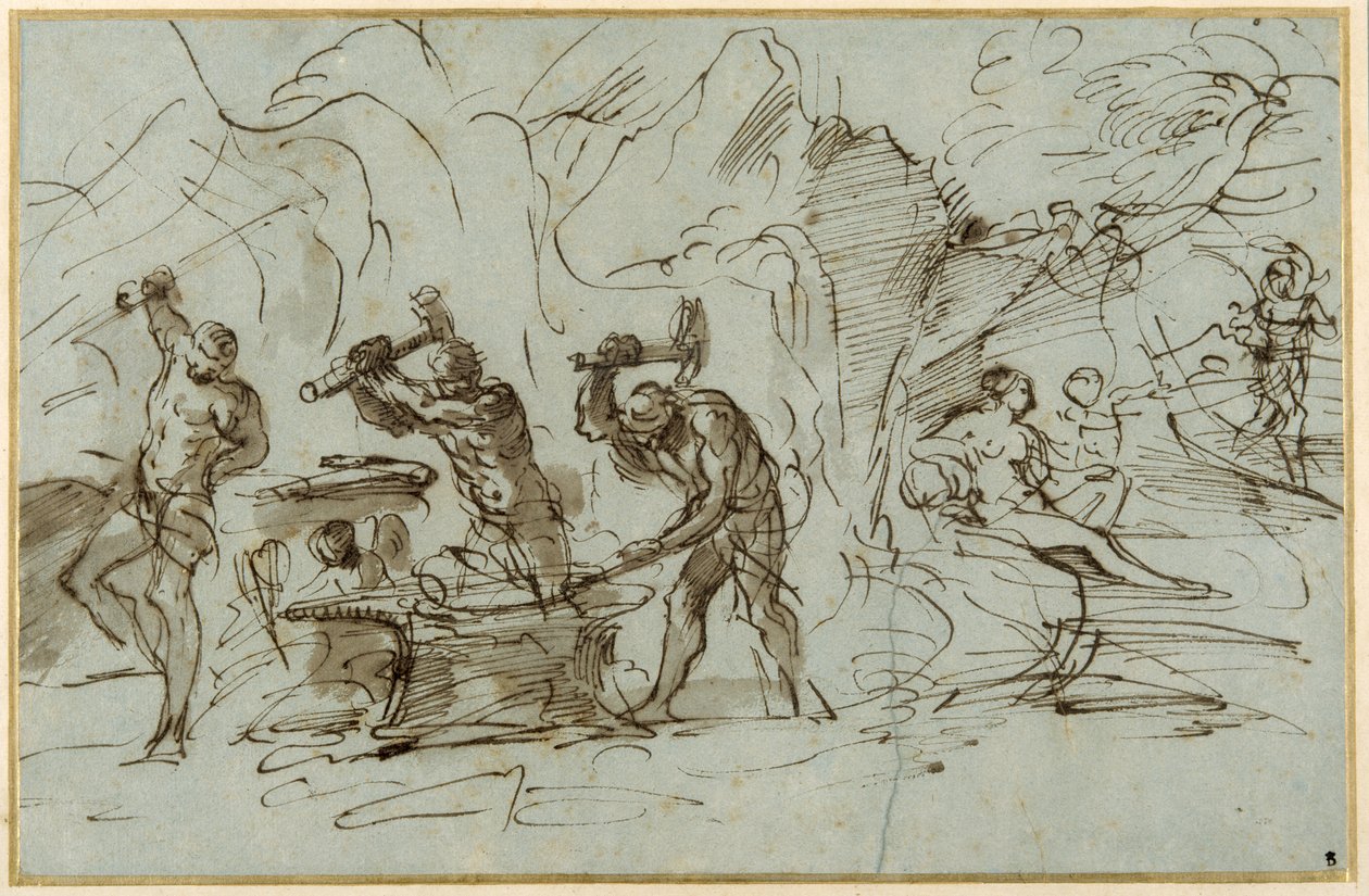 The Forge of Vulcan (penn og blekk med vask, forsterket med gouache på papir) av Pier Francesco Mola