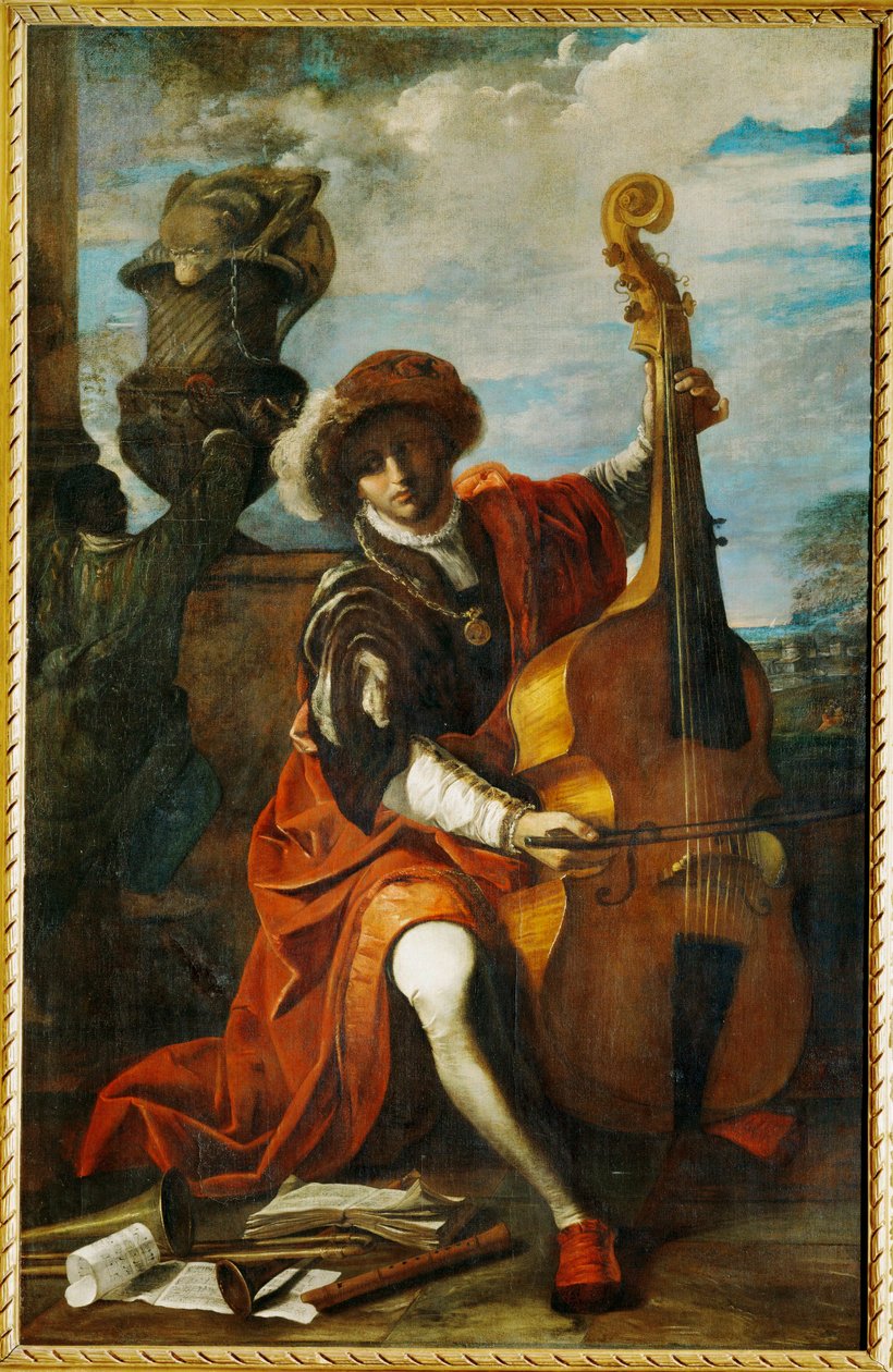 Ung musiker med en viola da gamba, muligens den berømte musikeren fra Cappella Pontifica Bonaventura Argenti (maleri på lerret) av Pier Francesco Mola