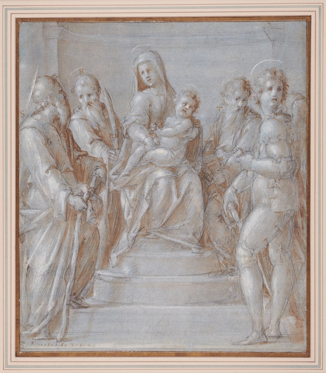 Jomfruen og barnet tronet med hellige, ca. 1525 (penn og brunt blekk og vask over svart kritt) av Pier Francesco & Puligo Domenico (1492 1527) Foschi