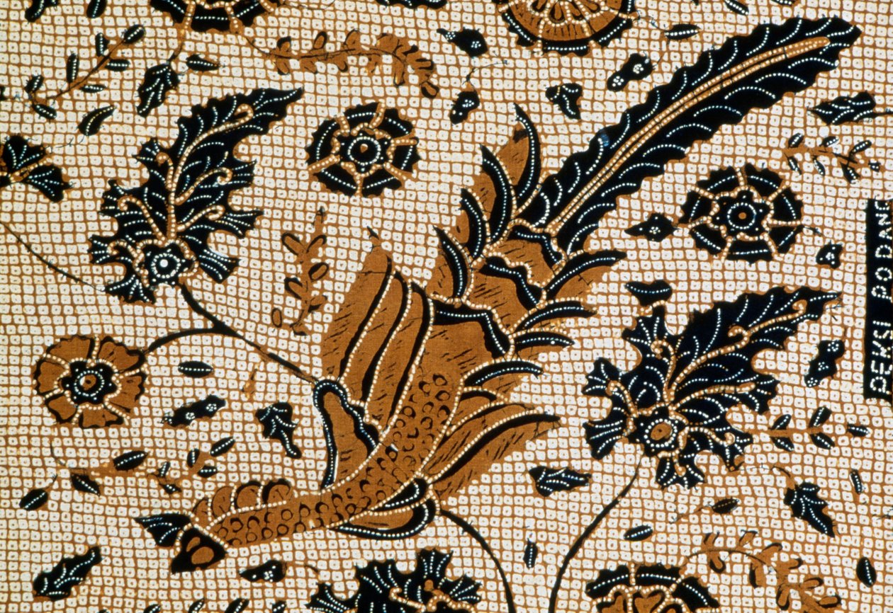 Batikk med tradisjonell design kalt peksi podang, Surakarta, Java, Indonesia, Detalj av Blaise Nicolas Le Sueur