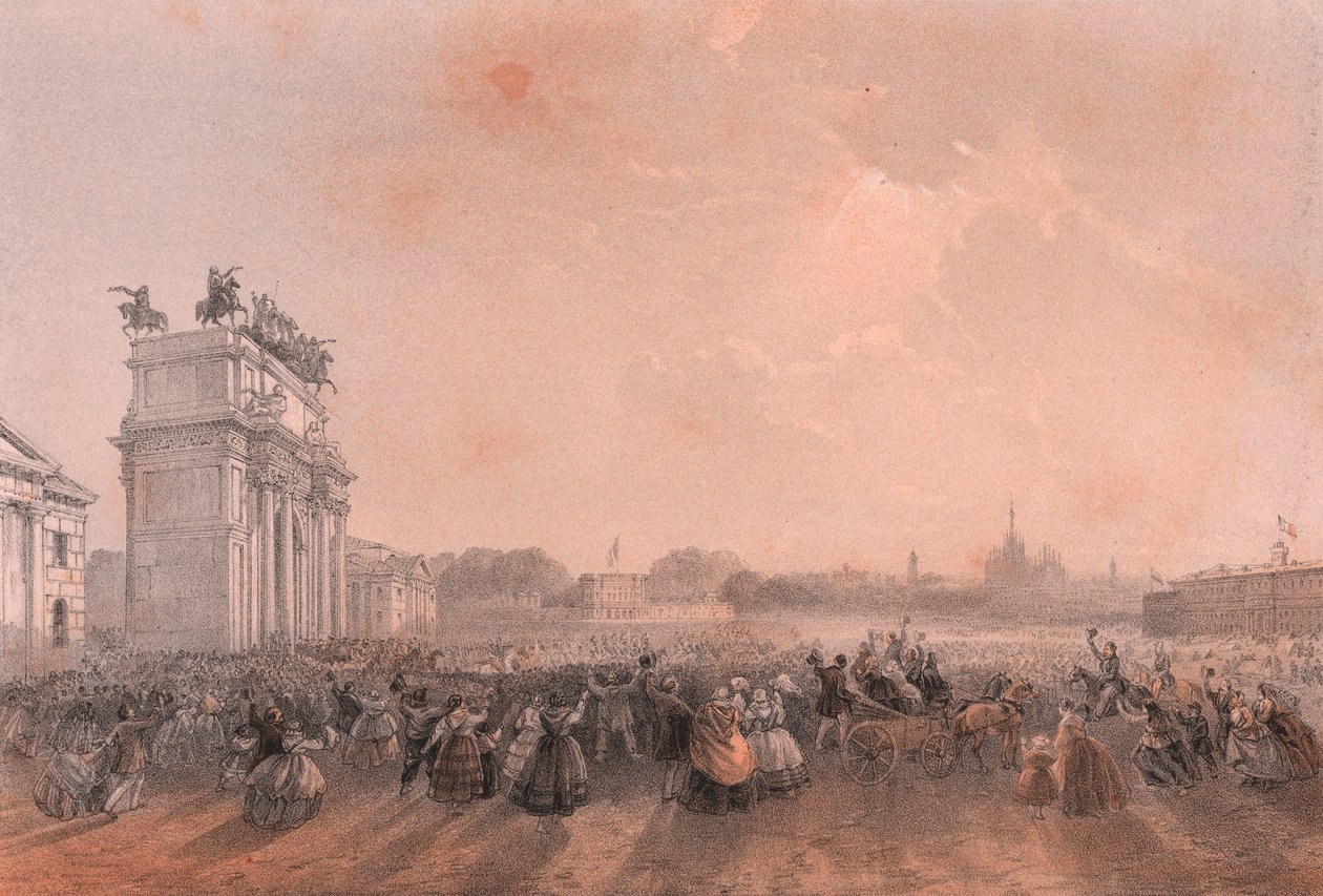 Inngangen til Vittorio Emanuele II og Napoleon II i Milano, Lombardia av Blaise Nicolas Le Sueur