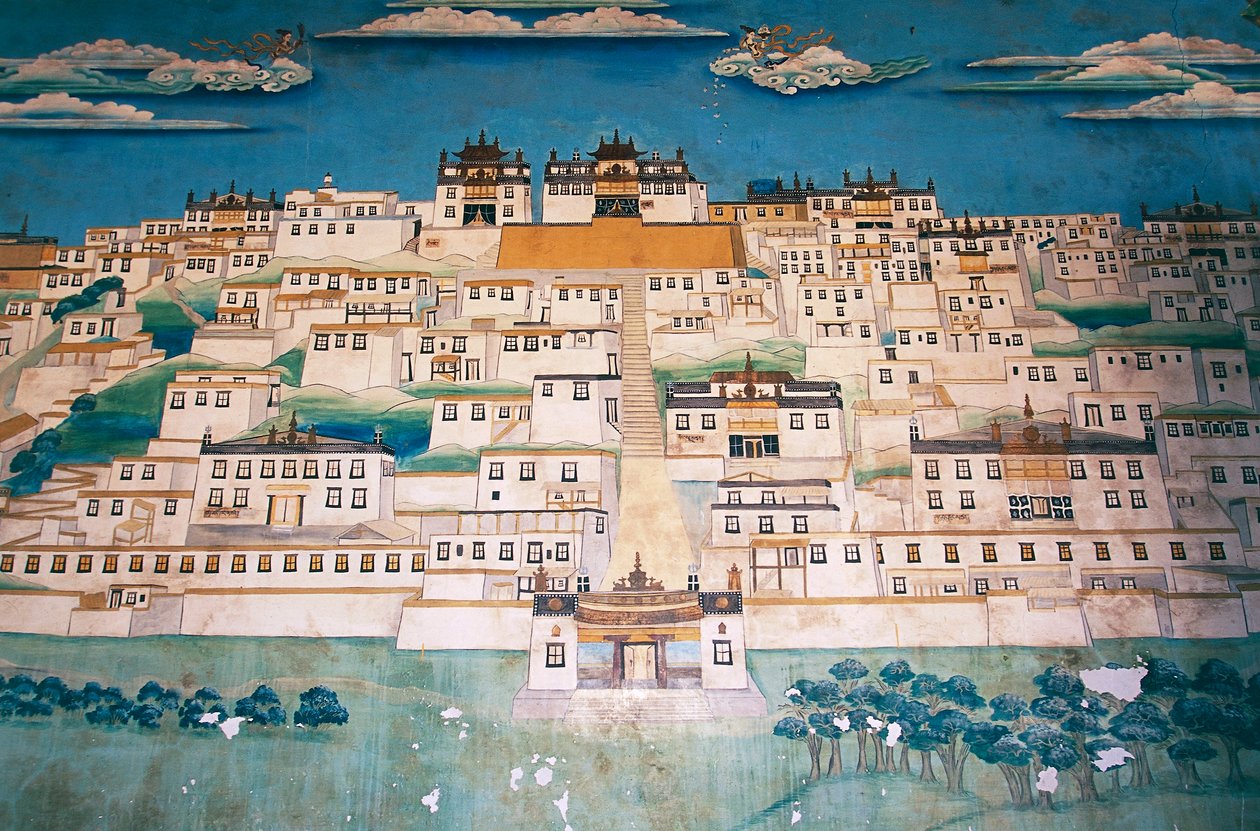Freske som viser byen i Ganden Sumtsenling kloster (gompa), Zhongdian (på tibetansk Gyalthang, omdøpt i 2001 til Shangri-La av den kinesiske regjeringen for å fremme turisme i dette området av det tibetanske høyplatået), Yunnan-provinsen, Kina av Blaise Nicolas Le Sueur