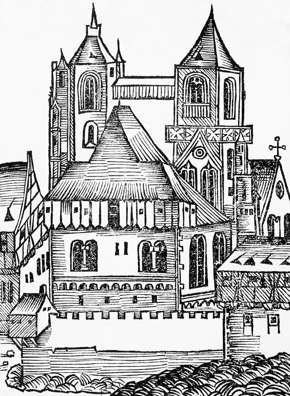 Montecassino Abbey, tysk tresnitt, fra Nuremberg Chronicle (Liber Chronicarum) av Hartmann Schedel av Blaise Nicolas Le Sueur