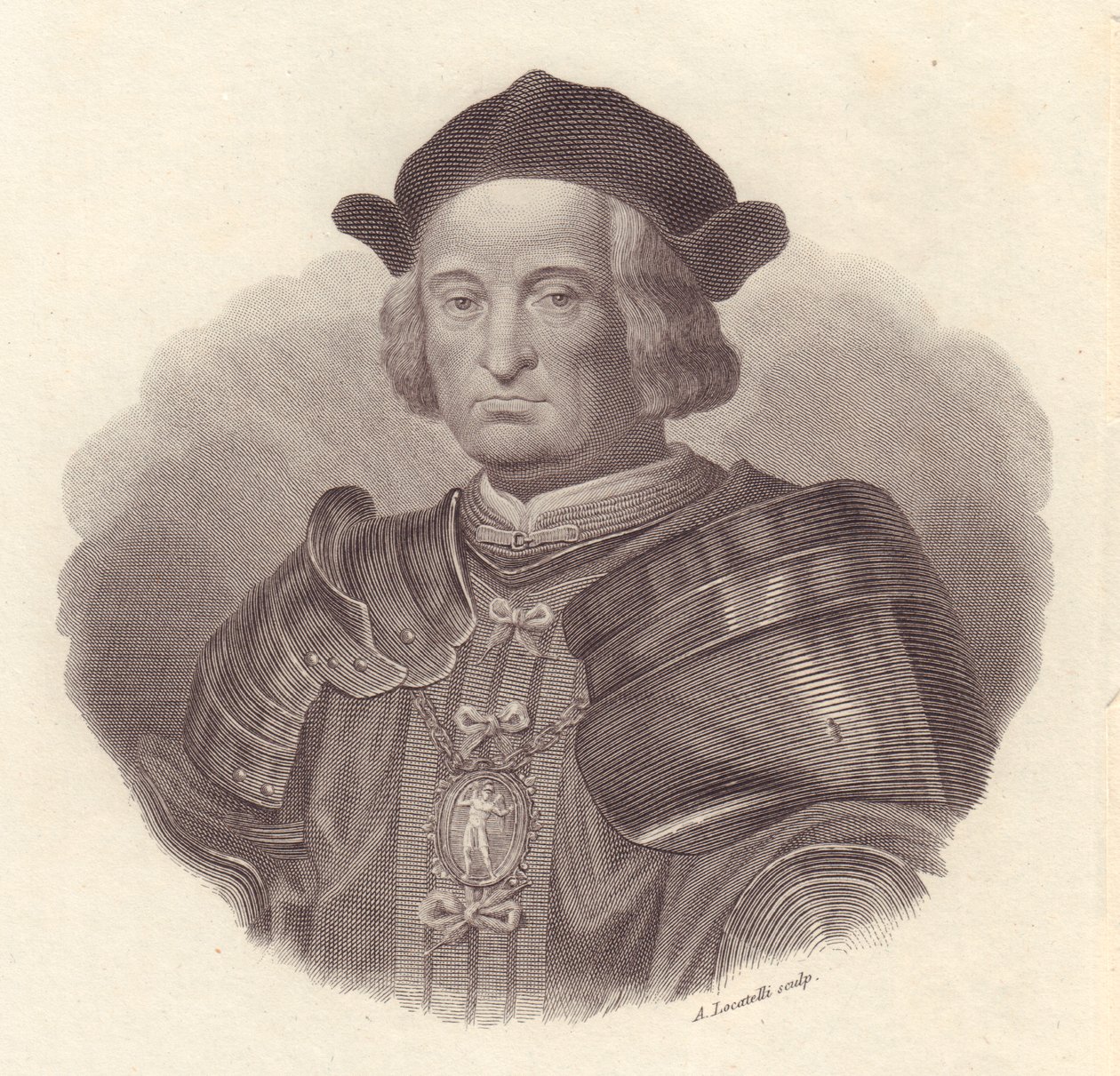 Portrett av italiensk militærleder og politiker Gian Giacomo Trivulzio (1440-1518), kobberstikk av Locatelli av Blaise Nicolas Le Sueur