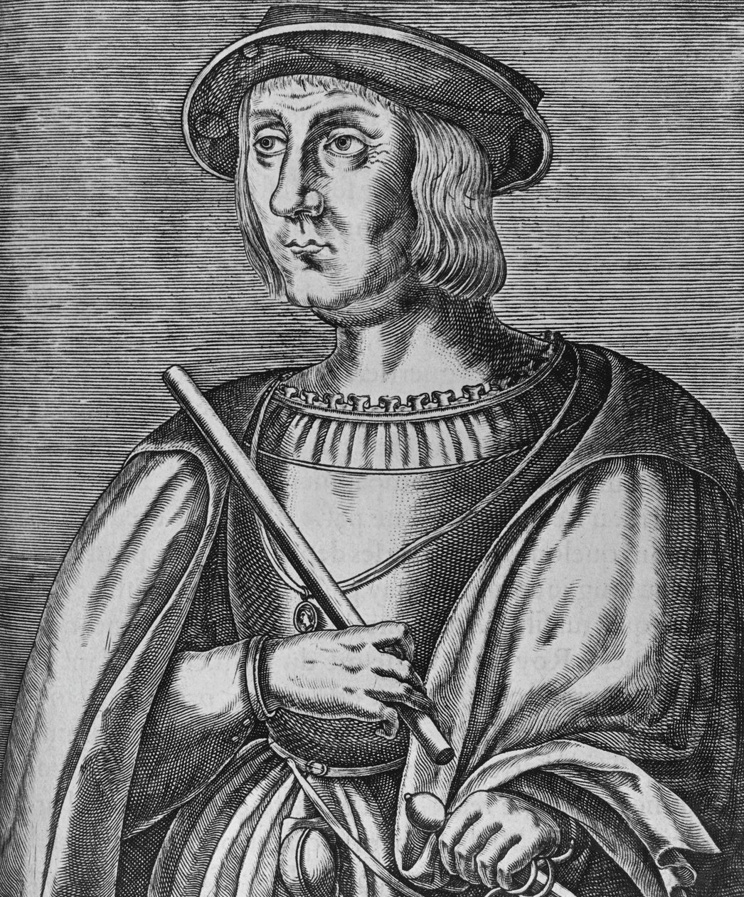 Portrett av Jacques II de Chabannes de La Palice (ca 1470-1525), fransk militæroffiser, Lord of La Palice, av Pacy, av Chauverothe, av Bort-le-Comte og av Heron, gravering av Blaise Nicolas Le Sueur