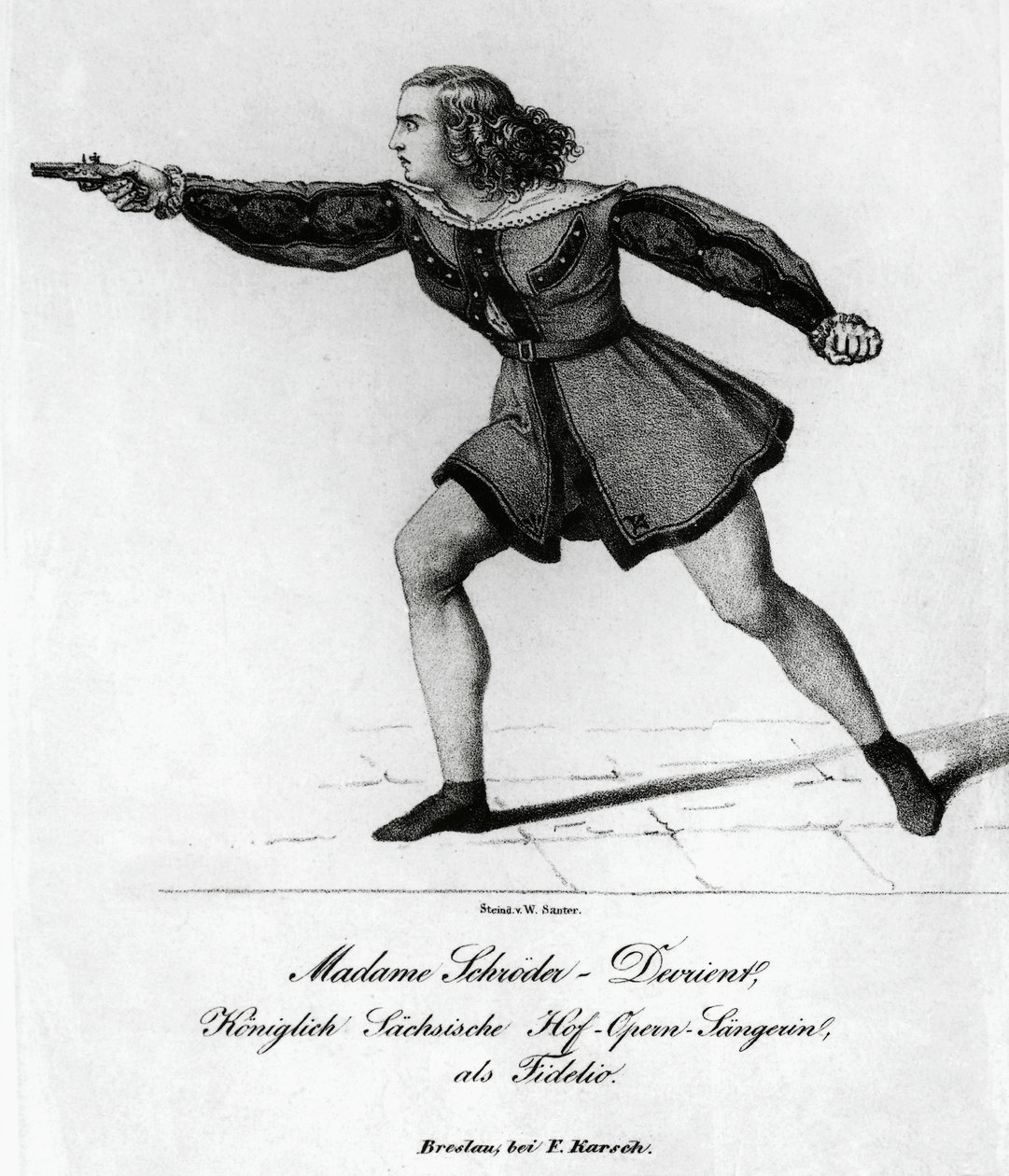 Portrett av Wilhelmine Schroder-Devrient (1804-1860), tysk sopran, i rollen som Leonora i Fidelio eller konjugal kjærlighet, av Ludwig van Beethoven (1770-1827), gravering av Blaise Nicolas Le Sueur