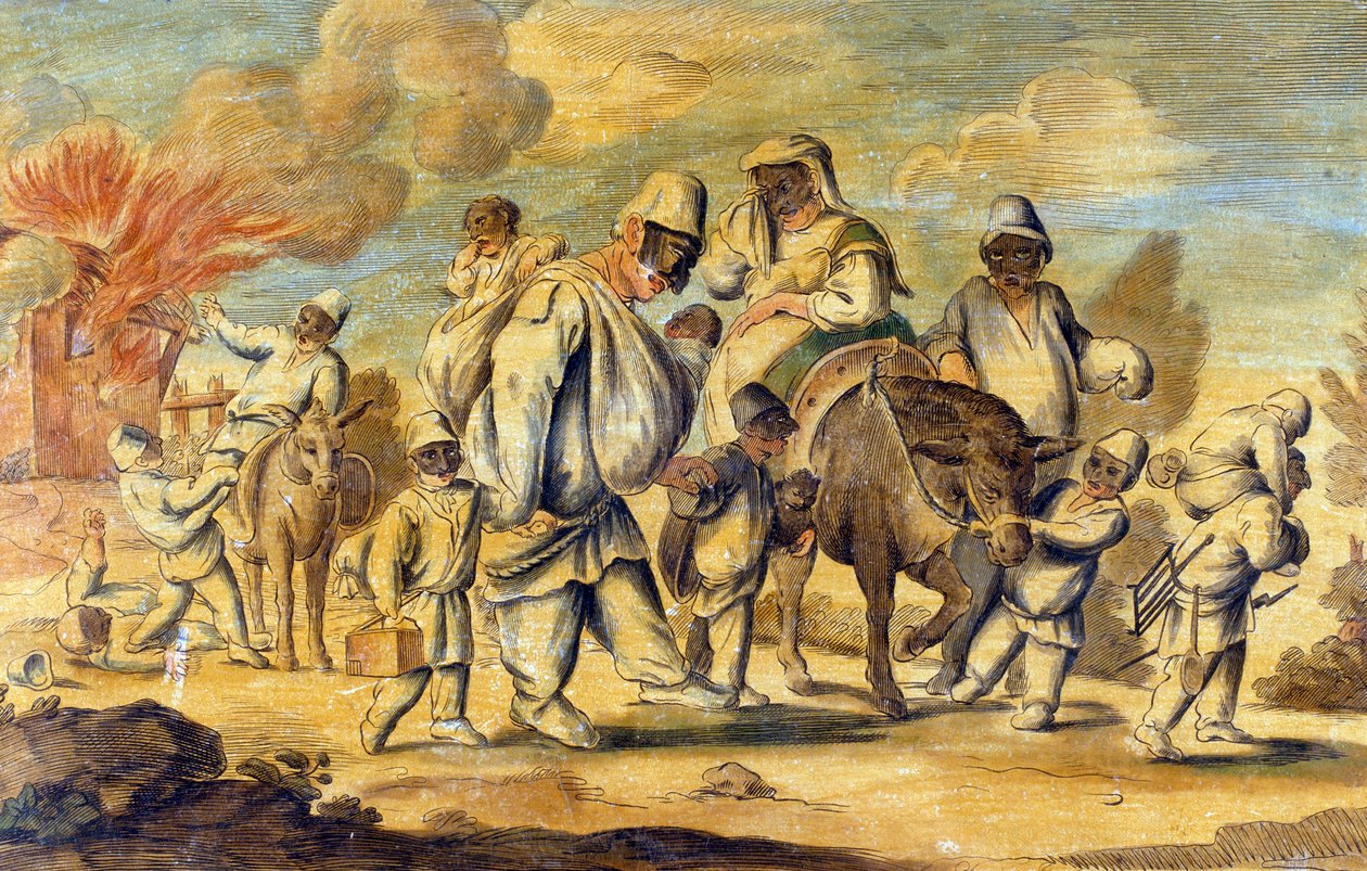 Pulcinella mister hjemmet i brann av Pier Leone (after) Ghezzi