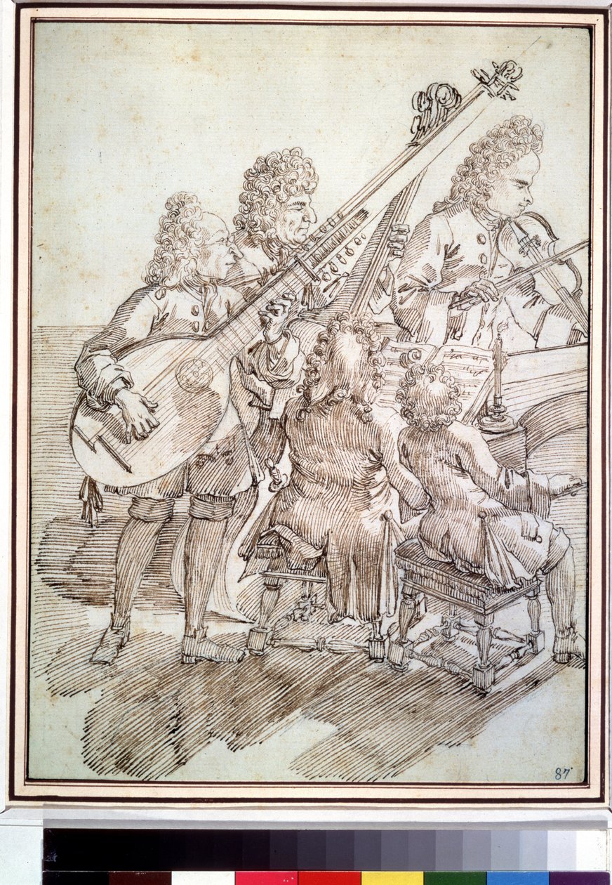 ""Konserten"" Karikatur som representerer en konsert med fem musikere (kvintett) på lutt, fiolin, piano, cello. Penn- og blekktegning av Pier Leone Ghezzi (1674-1755) Pushkin-museet fra 1700-tallet, Moskva av Pier Leone Ghezzi