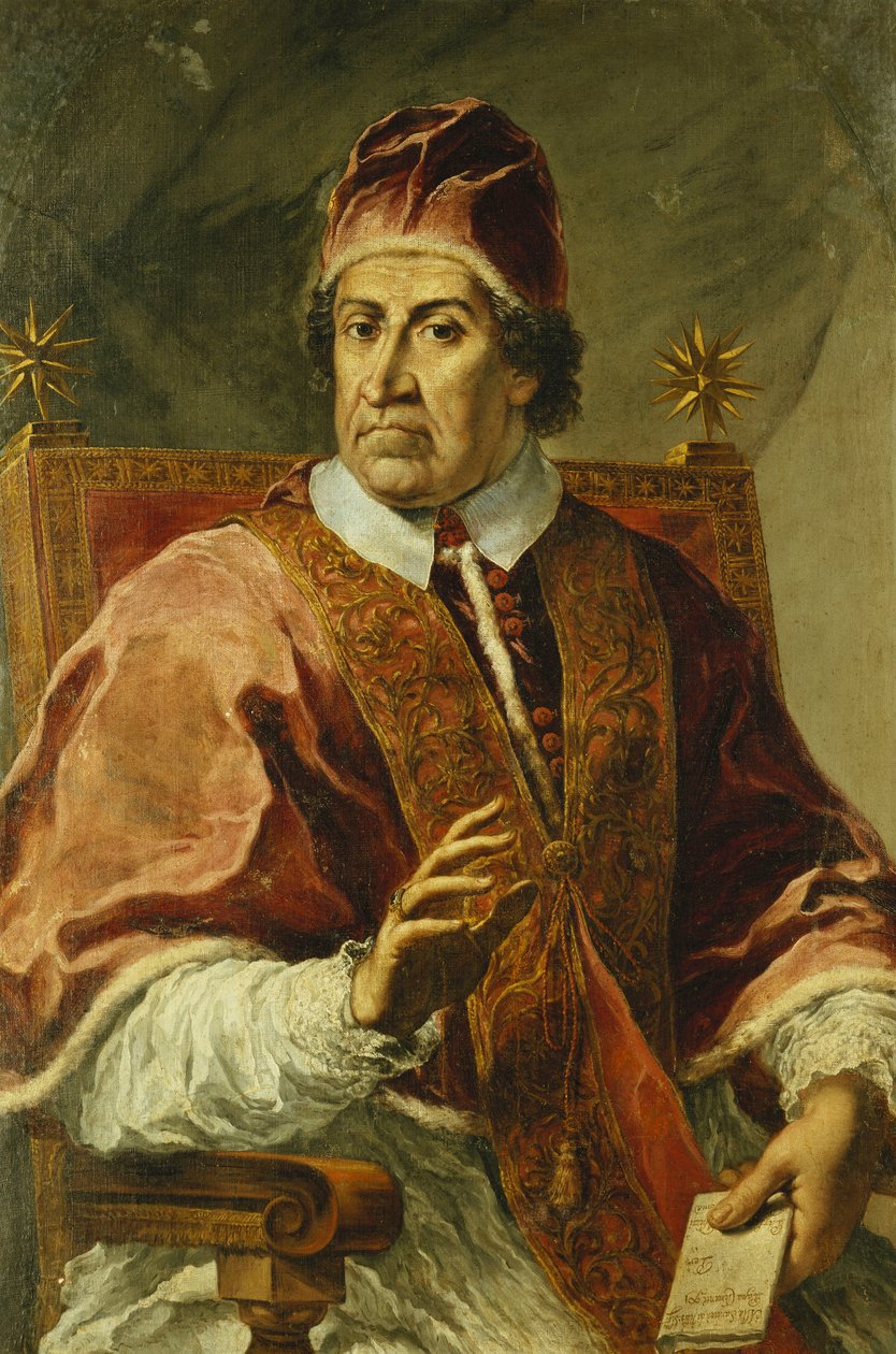 Portrett av pave Clement XI, sittende i halv lengde, iført pavelige kapper, holder et brev, av Pier Leone Ghezzi