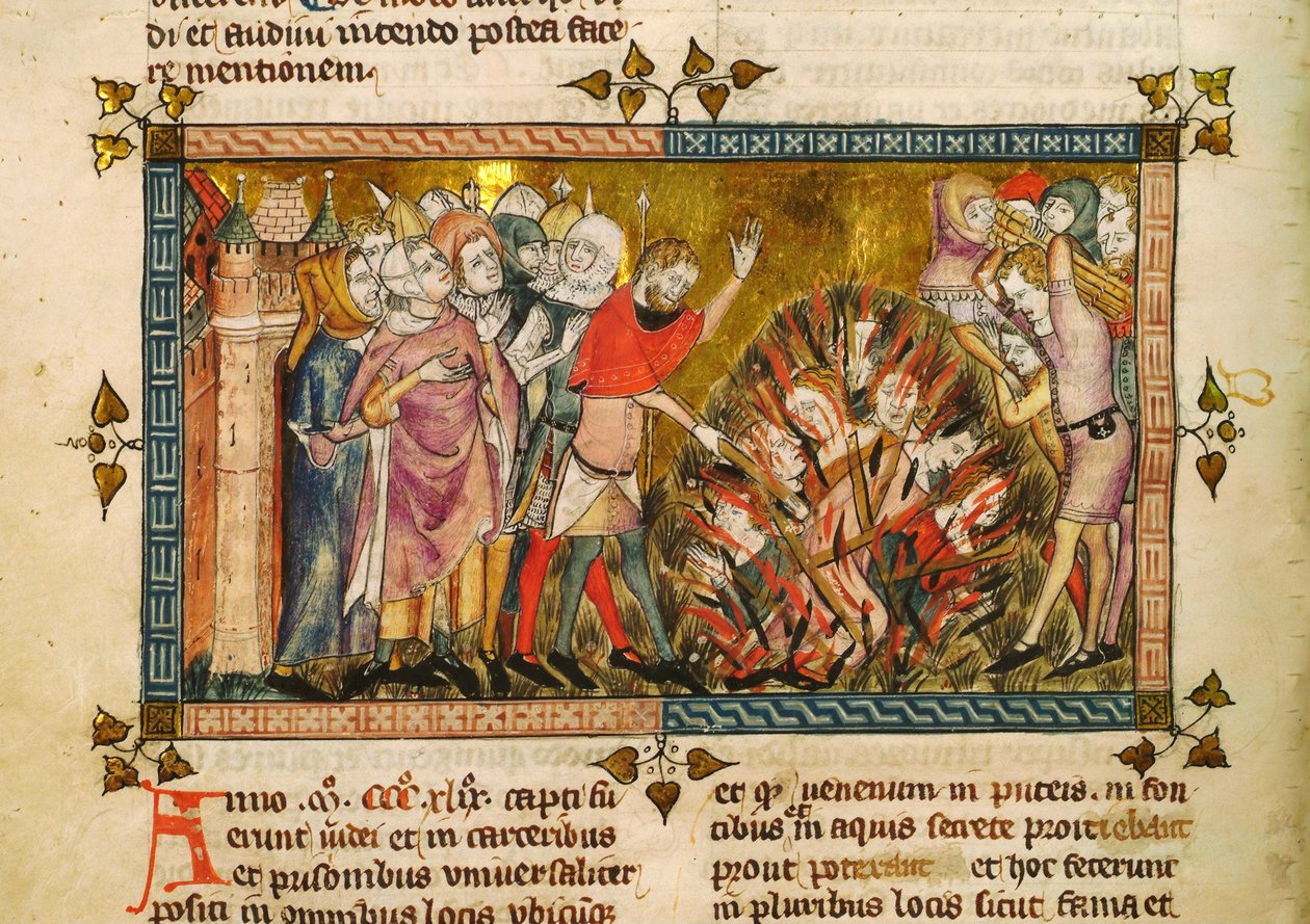 Brenning av jødene i 1349. Miniatyr fra: Tractatus Quartus av Gilles de Muisit, ca. av Pierart dou Tielt