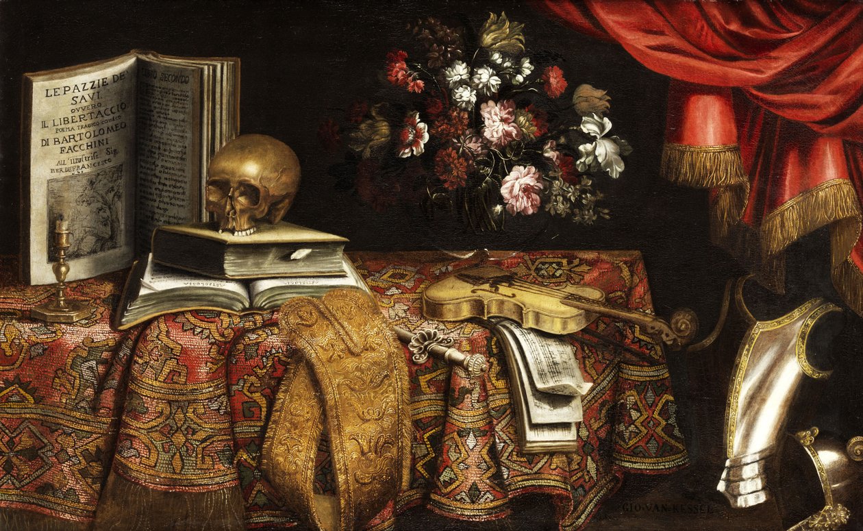 Vanitas stilleben med fiolin, musikkbok, blomstervase og hodeskalle av Pierfrancesco Cittadini