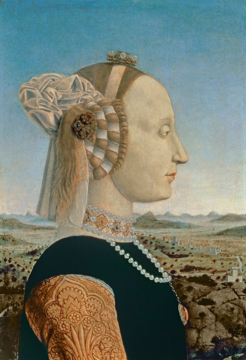 Battista Sforza, kone til Federigo da Montefeltro, hertug av Urbino, ca. 1465 (detalj fra 95420) av Piero della Francesca