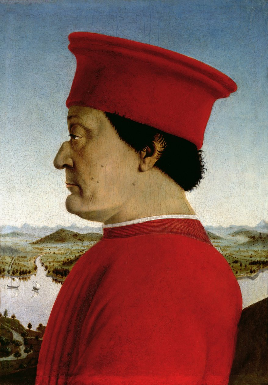 Federigo da Montefeltro (1422-82) hertug av Urbino, ca. 1465 (tempera på panel) (for bakside se 69441-42) (detalj fra 95420) av Piero della Francesca