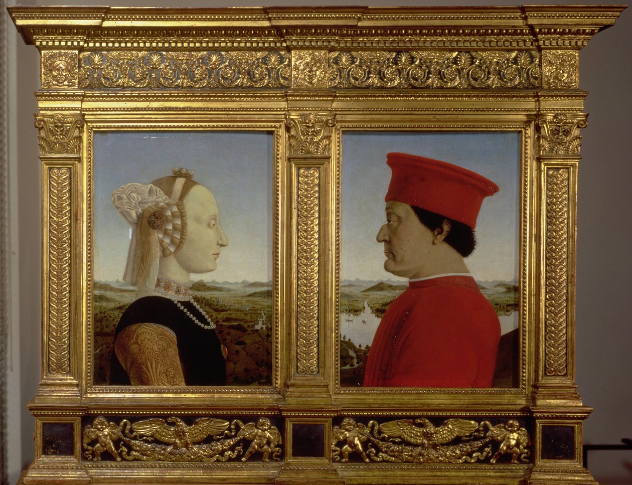 Portretter av hertug Federico da Montefeltro (1422-82) og Battista Sforza, ca. 1465 (tempera på panel) av Piero della Francesca