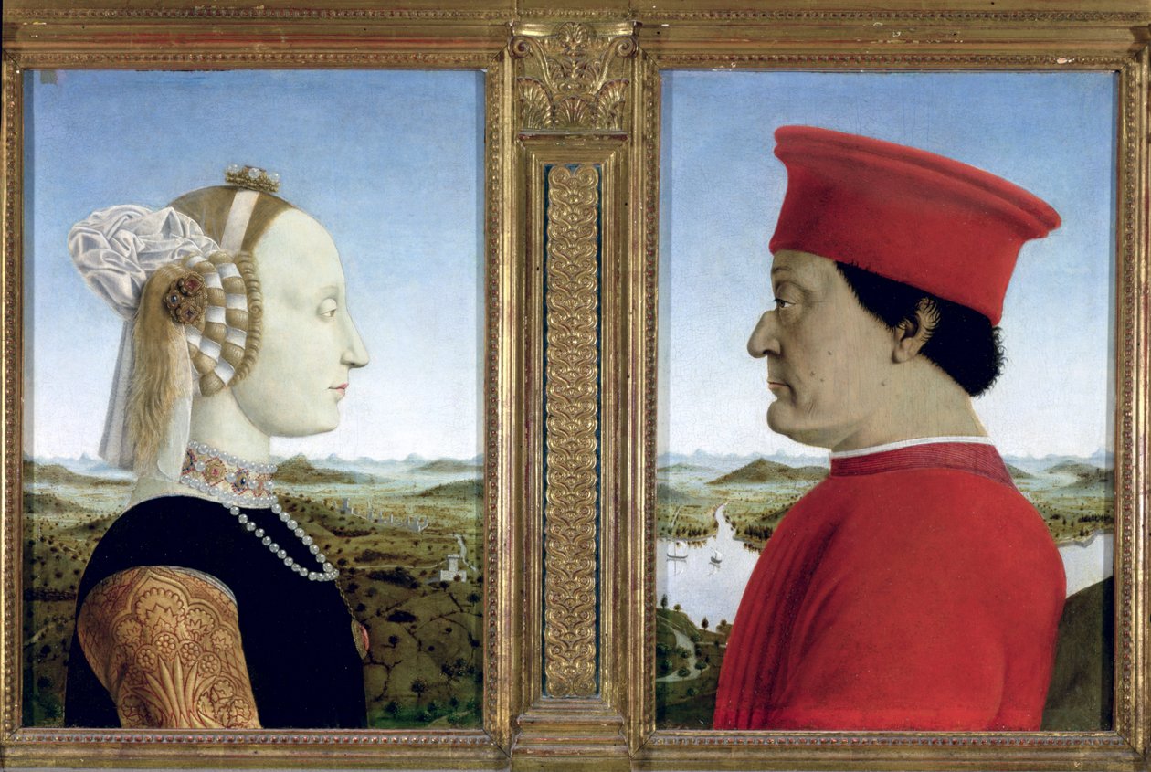 Portretter av hertug Federico da Montefeltro (1422-82) og Battista Sforza, ca. 1465 (tempera på panel) (se også 95420) av Piero della Francesca