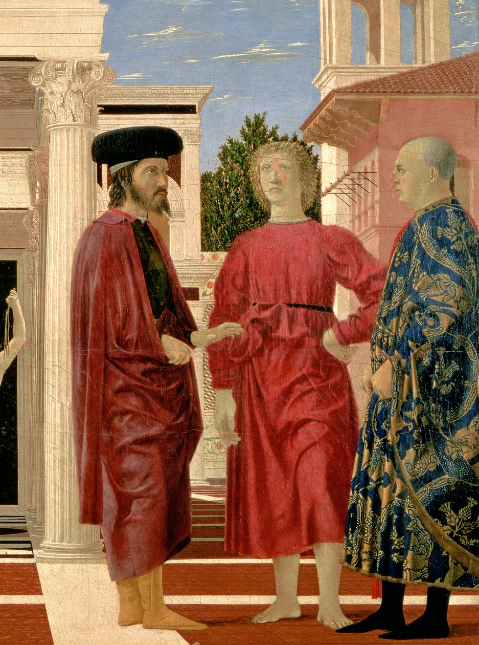 Kristi flagellasjon av de tre figurene i forgrunnen ca. 1459 olje og tempera på panel av Piero della Francesca