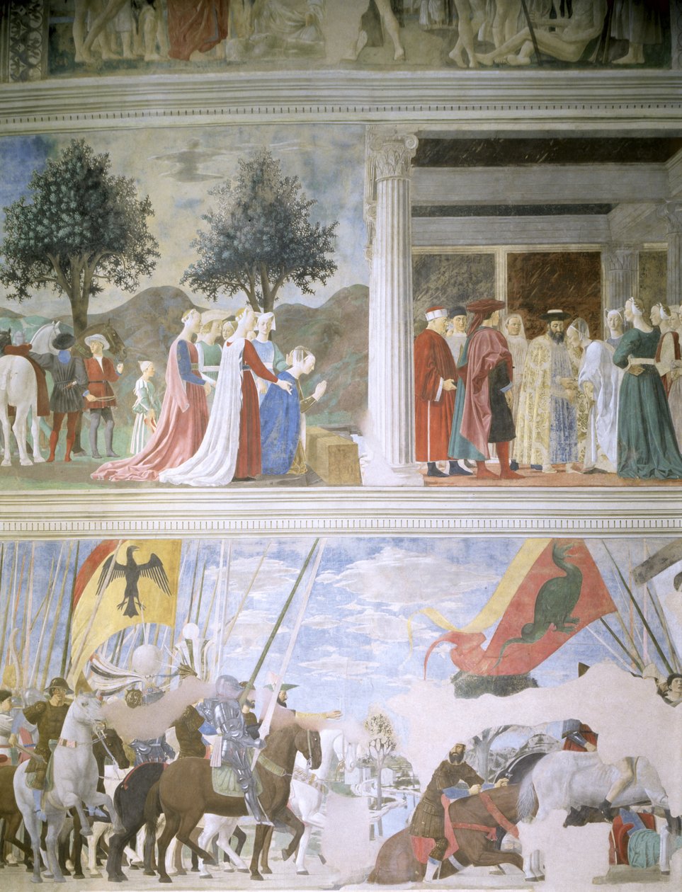 Dronningen av Saba som tilber det sanne kors ved, mottakelsen av dronningen av Saba av kong Salomo (ca. 1015-977) og slaget ved Milvian Bridge, fra syklusen Legenden om det sanne kors, ca. av Piero della Francesca