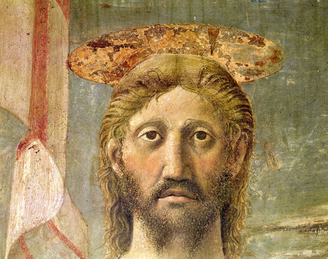 Oppstandelsen, detalj av Kristi hode, freskomaleri ca. 1463, se også 109787 og 205587 av Piero della Francesca