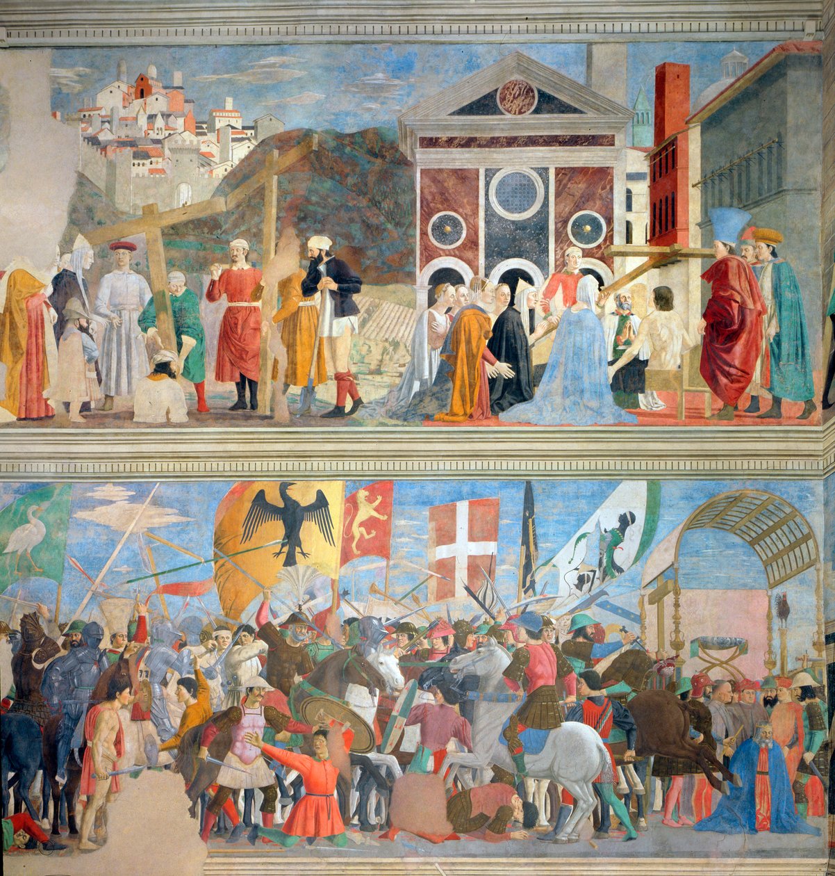 Verifikasjonen av det sanne kors, seieren til Heraclius og henrettelsen av Chosroes i 628 e.Kr., fra Legend of the True Cross-syklus, fullført 1464 (etter restaurering) av Piero della Francesca