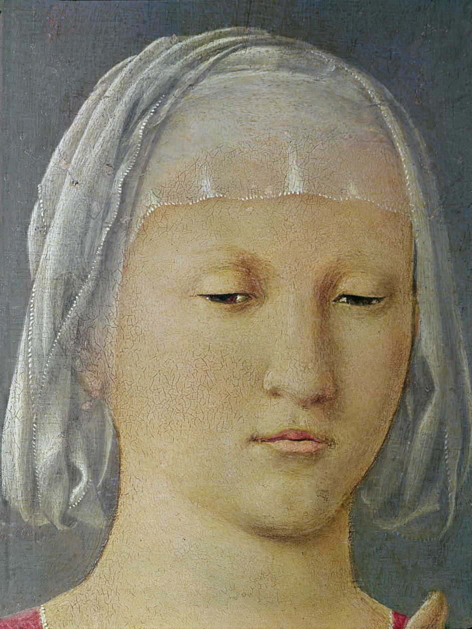 Jomfruen og barnet mellom to engler, kjent som Madonna av Senigallia detalj av Jomfruens hode, ca. 1472 olje på tre av Piero della Francesca