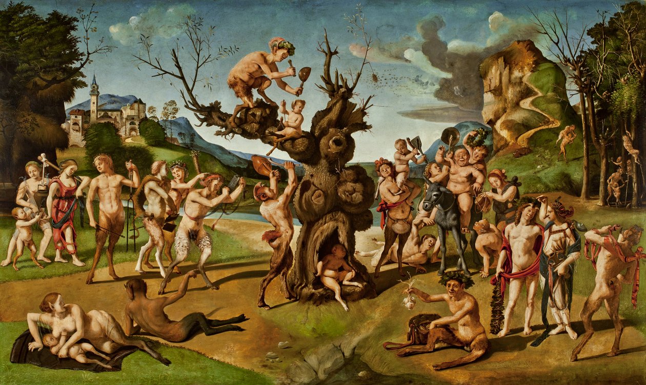 The Discovery of Honey av Bacchus, ca. 1499 (tempera på panel) av Piero di Cosimo